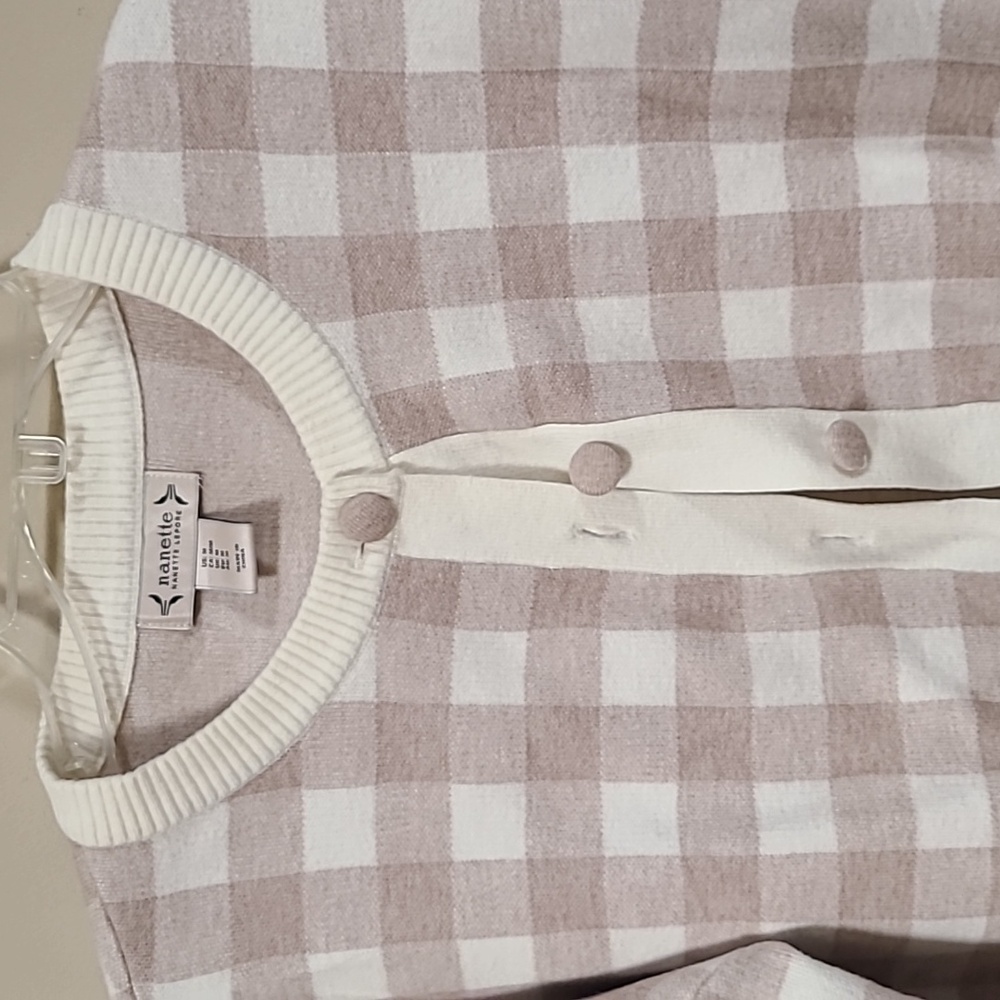 Nanette Lepore Women's Cream Tan Checkered Cardigan Sweater Soft Cozy sz Med.